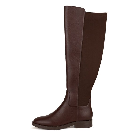 Stylish Modern Fashion Stretchy Leather Knee High Brown Riding Flat Boots - Picture 4 of 9